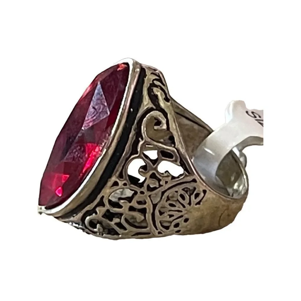 NWT silver tone red marquise scroll design US size 9